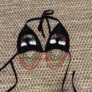 Rainbow Beaded Black Bikini Top